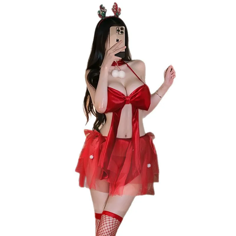 Nowa seksowna dwuczęściowa czerwona bielizna damska na Nowy Rok, erotyczna sukienka na imprezę świąteczną, kostiumy cosplay, przebranie króliczka, bielizna nocna.