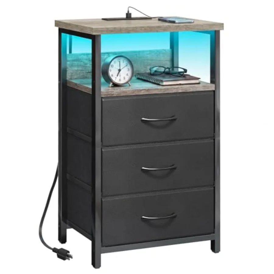 

Night Stand with Charging Station, LED Nightstand with Fabric Drawers, End Table with PU Finish, Bed Side Table
