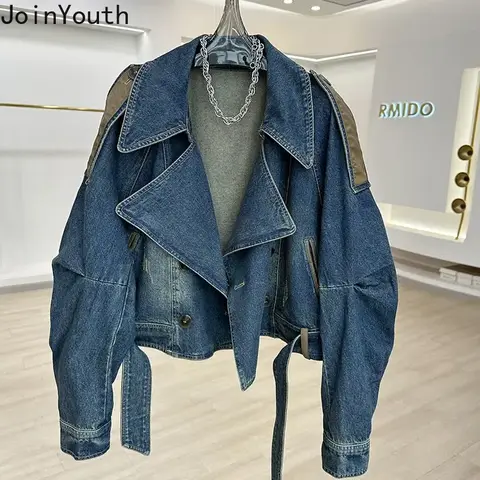 Streetwear Denim Jackets for Women 2025 Ropa Mujer Patchwork Leather PU Casual Outwear Y2k Tops Harajuku Fashion Vintage Coats