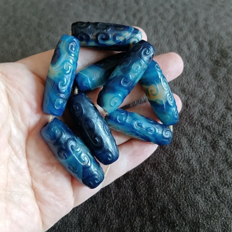 Vintage Cylindrical Blue Swirl Stone Beads Set Cloud Embossed Tube Beads Retro Oriental DIY Bracelet Making Jewelry Supply