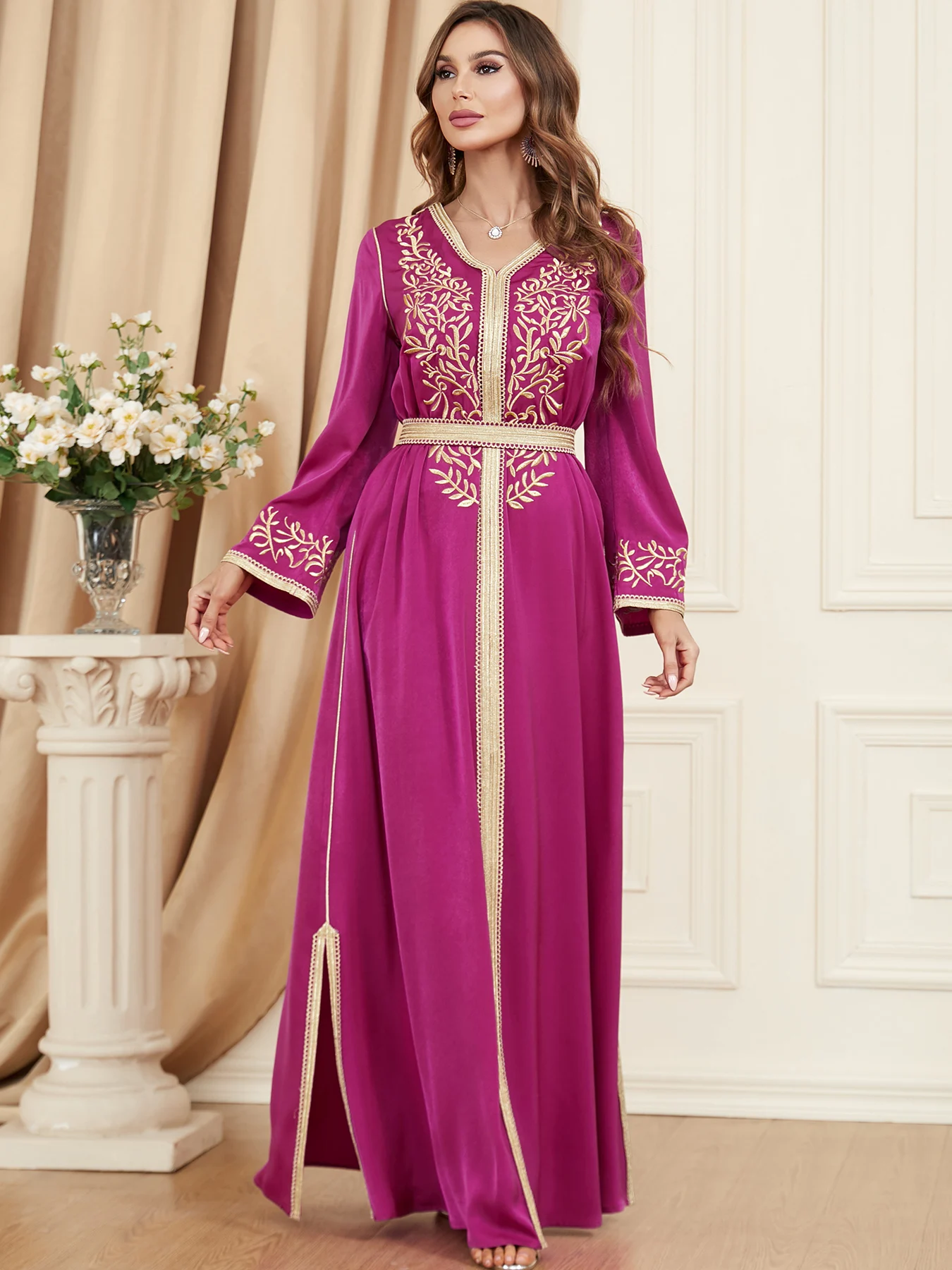 

Autumn Abaya for Women Satin Embroidered Long Dress Muslim Dubai Party Dresses Ramadan Islamic Clothing Morrocan Kaftan