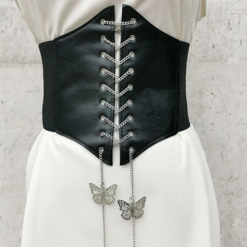 Lace-up Cincher Belt Tied Corset Elastic Waist Belt Tied Waspie Wide Belt with Butterfly Chain Clothes Decoration