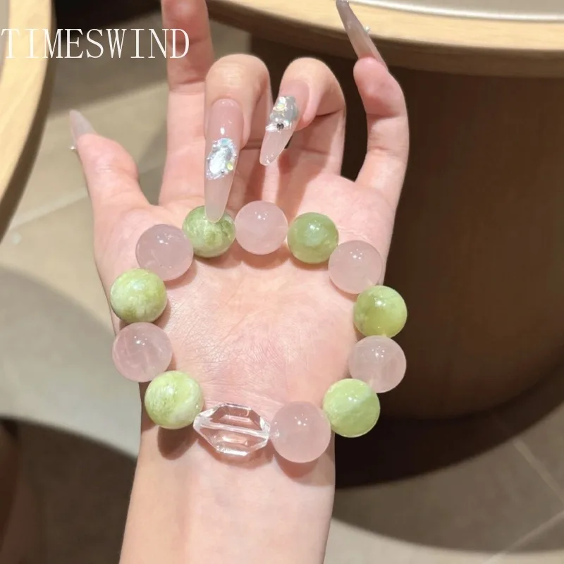 TIMESWIND Natürliche Original Rosa Kristall Grün Stein Runde Perlen Segnen Frauen Armband Modeschmuck mit Zertifikat