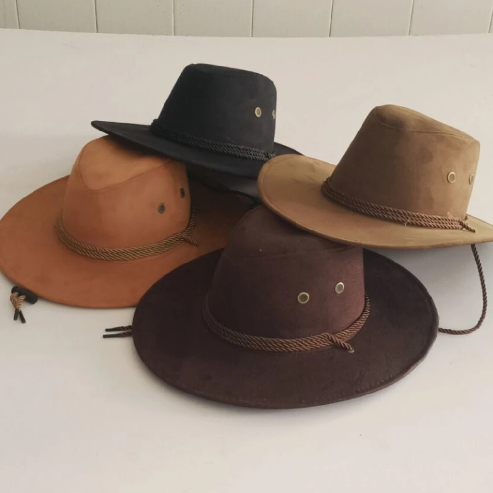 Men Western Cowboy Hat Large Brims Gentleman Cowgirl Hats Suede Fabric Solid Color Western Costume Party Mongolian Caps for Men