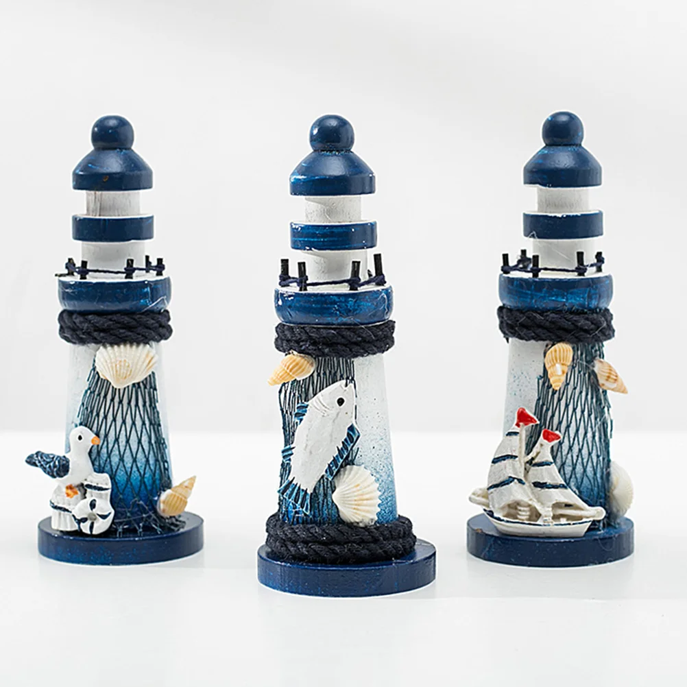 4 Pcs Beachy Room Decor Sailboat Lighthouse Model Adornment Decorations Nautical Statue Wooden