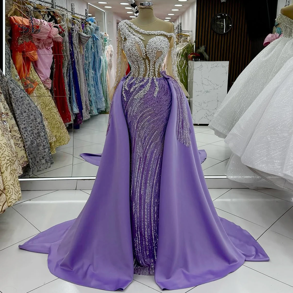 

Pearl Lace Satin Evening Gown With Detachable Train Sequined Embroidered Luxurious Evening Gown Customizable
