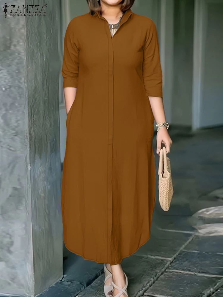 ZANZEA-vestido veraniego de trabajo con solapa para mujer, vestido camisero de moda de otoño 2025, Vestidos OL lisos elegantes, bata Midi informal con botones