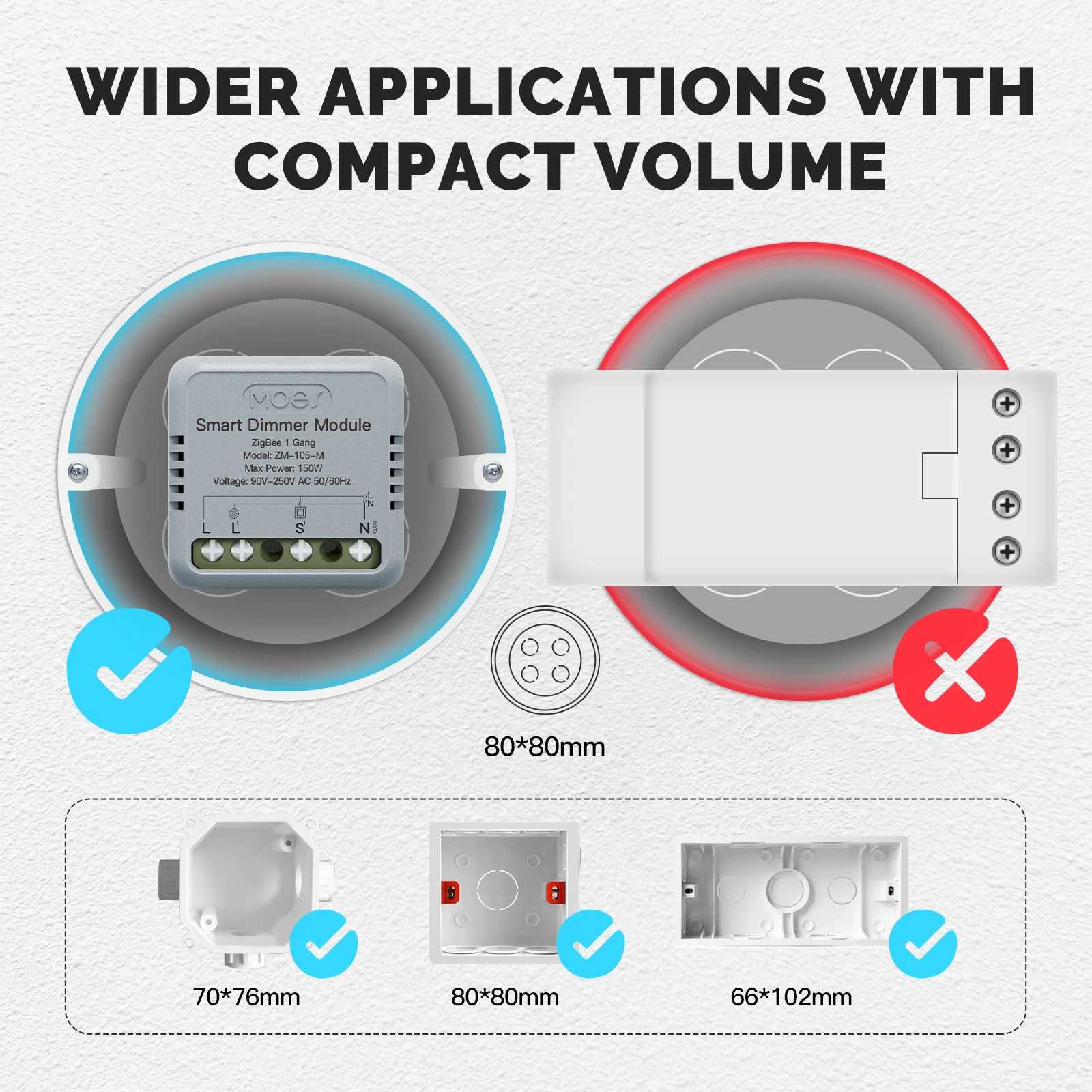 MOES Mini Zigbee Smart Dimmer Module(ZM-105) 150W In‑Wall Timer Voice Control for Tuya Alexa Google Home