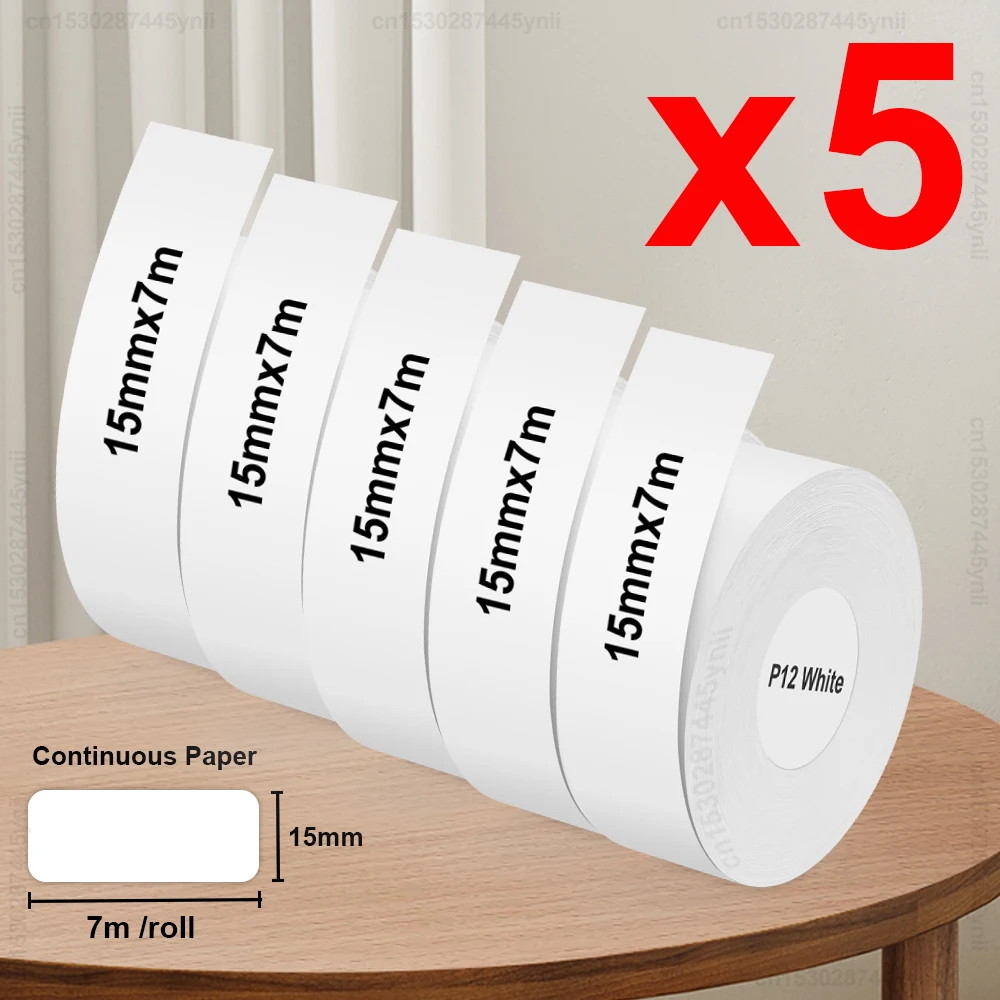 3/5PK P12 Continuous Label Tape Waterproof Self-adhesive Thermal Label Paper Roll 15mmx7m for Marklife P12 P15 D30 Label Printer