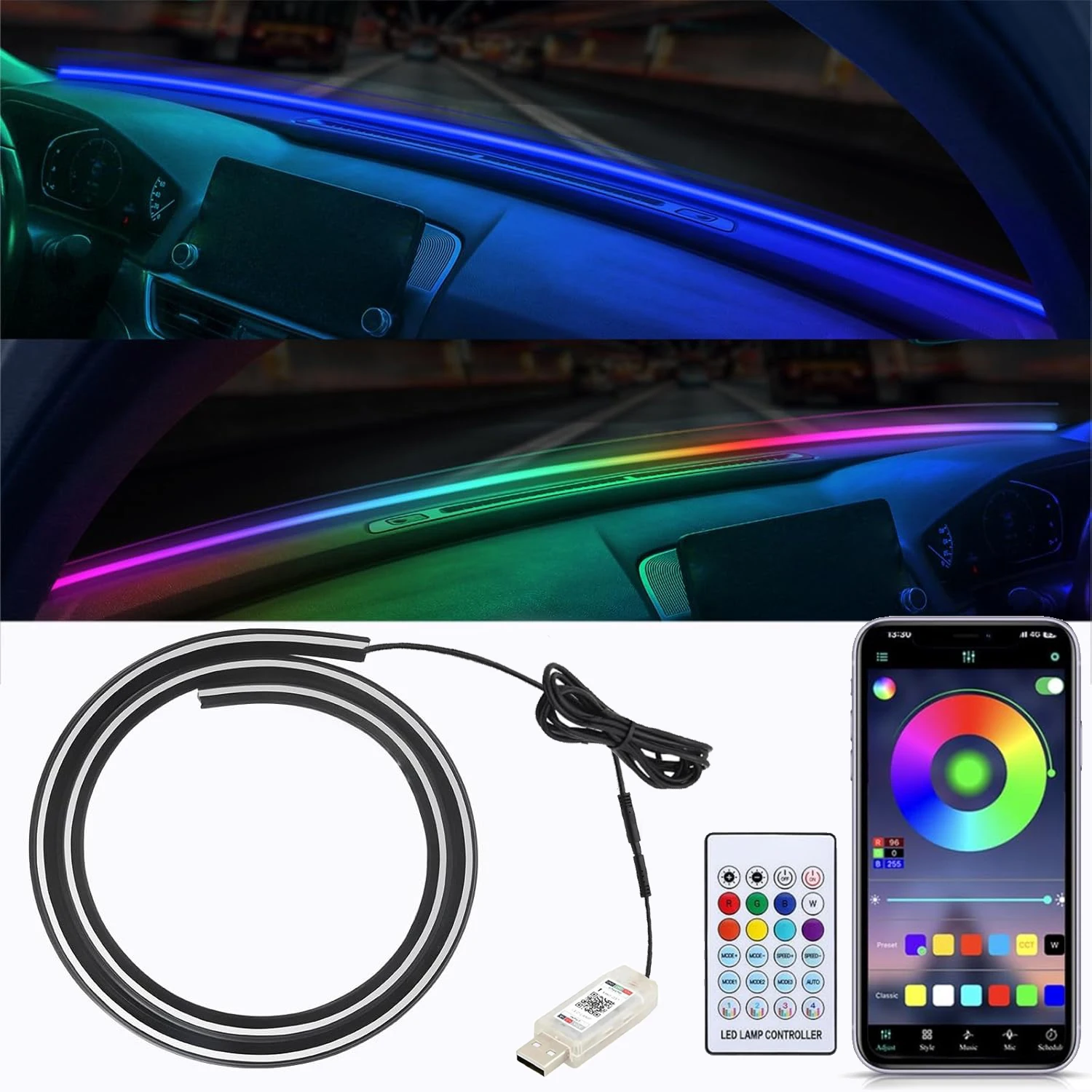 Image of 150cm Auto-Frontscheiben-Atmosphärenlicht Universelle LED-Dekorationsleuchte RGB APP-Fernbedienung USB Plug-and-Play