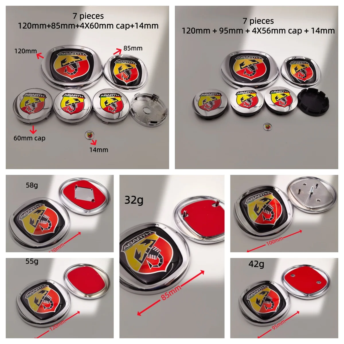 7pcs Abarth Car Hood Front Bonnet Grill Rear Trunk Emblem Logo Badge 85/95/100/120mm Wheel Center Hub Cap Cover 56/60mm