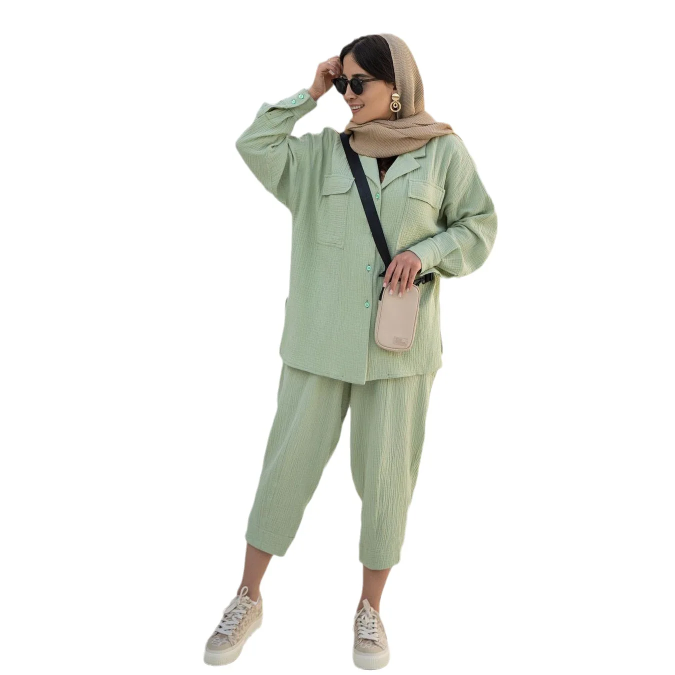 Women Tracksuit Pants Sets Single Breasted Long Sleeve Blouses Button Straight Pants Solid Casual Ankle Length Pockets Loose