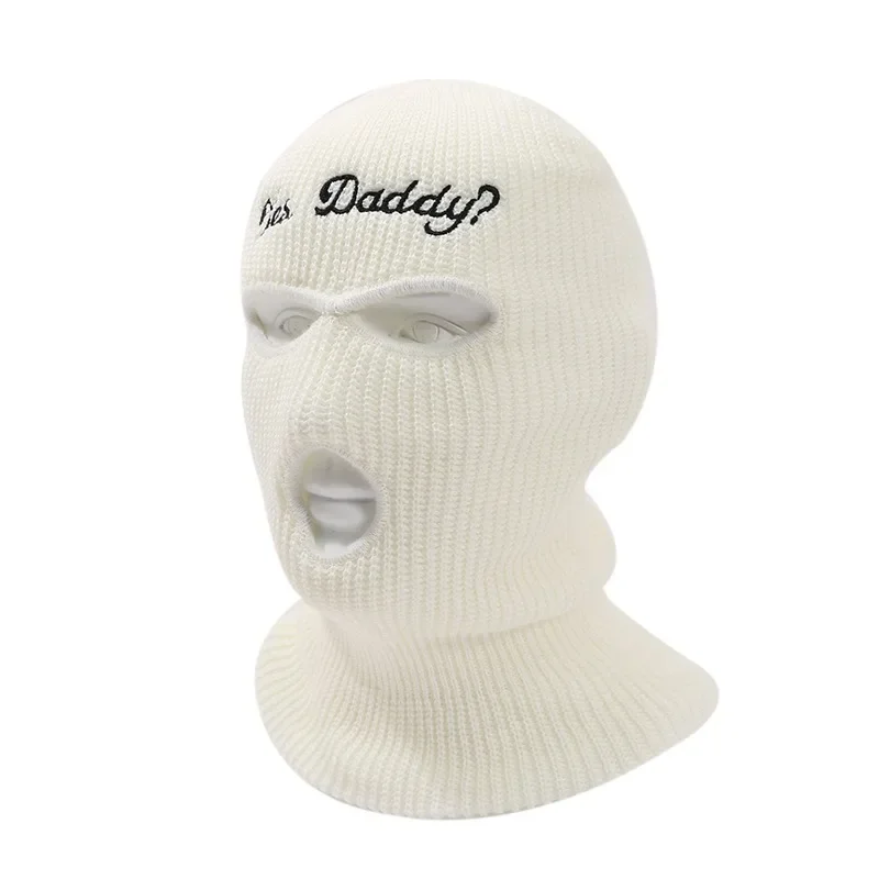 Balaclava Full Face Mask Embroidery Winter Hat for Woman Ski Mask Yes Daddy Warm Knit Full Caps Outdoor Sports Beanies