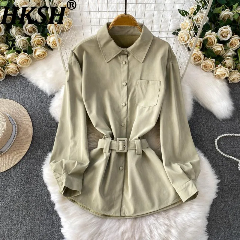 

HKSH Autumn Winter New Women Shirt Single Breasted Turn-Down Collar Long Sleeve Pocket Sashes High Street Tide Chic Tops HK11020