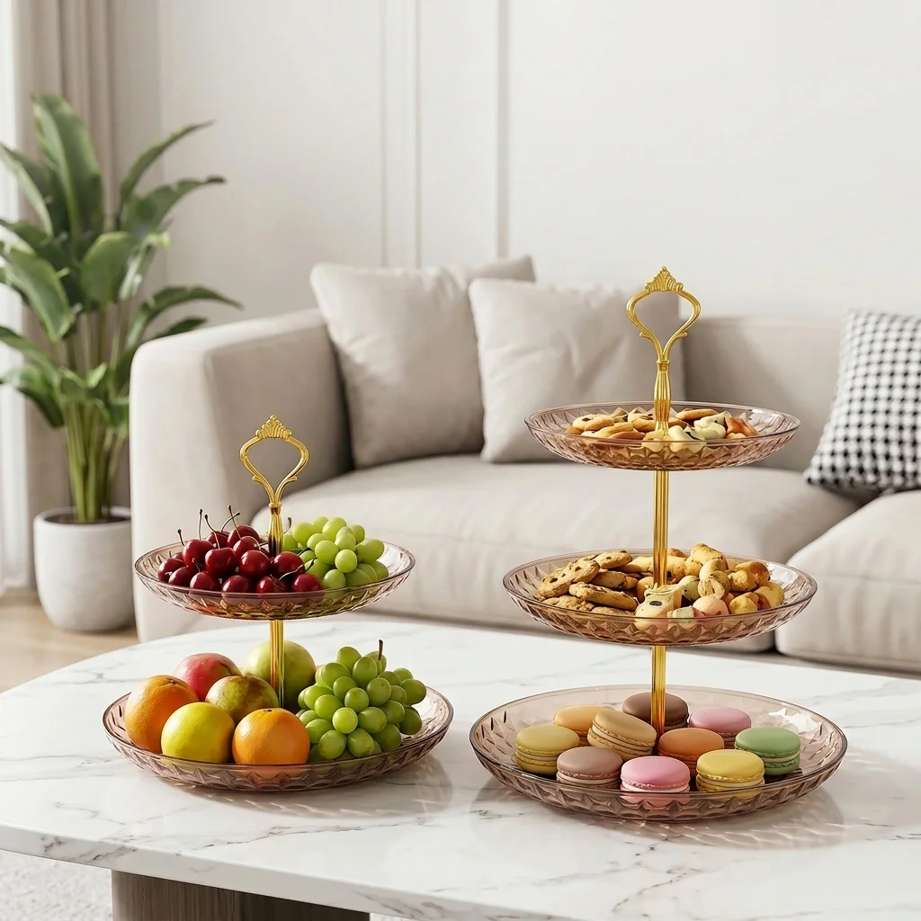 2/3 Tier Serving Tray Stand Reusable Plastic Plates Fruit Dessert Cake Plate Sweet Table Buffet Serving Dishes with Handle