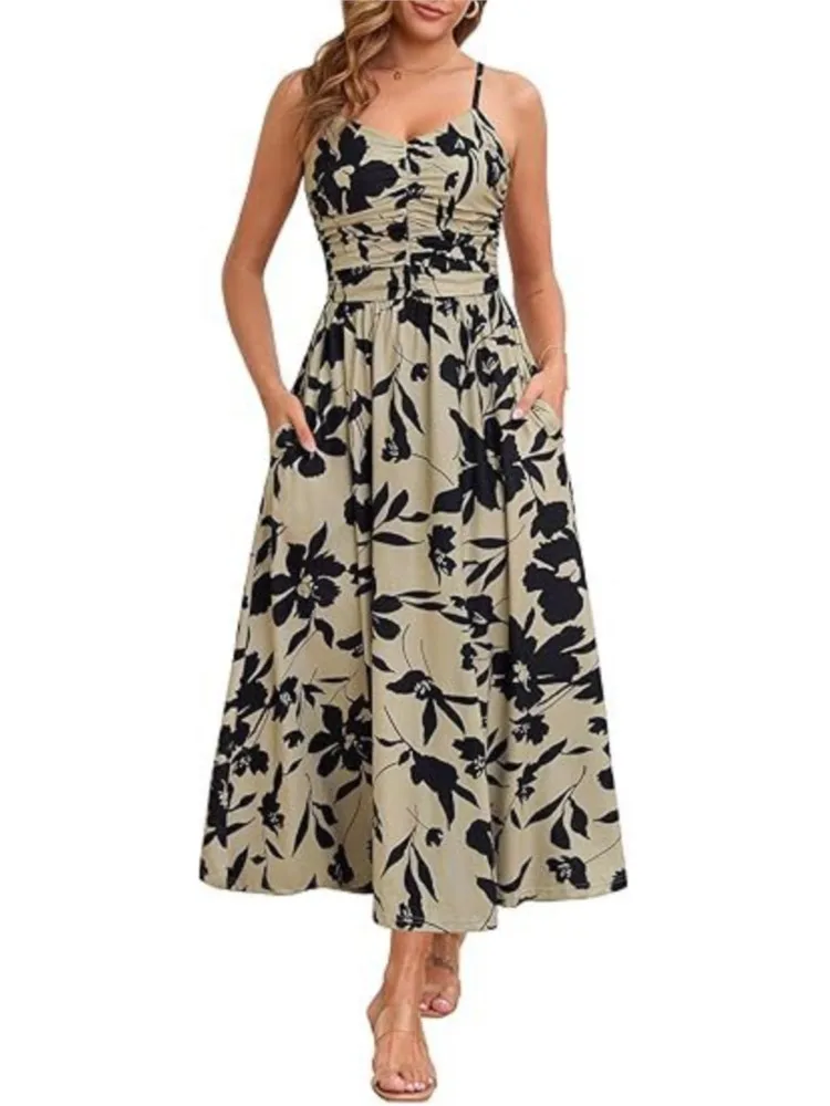 

2025 Spring And Summer Women's Fashionable Printed Sexy V-neck Dress Sleeveless Shoulder Strap Pocket Casual Dress Long Skirt