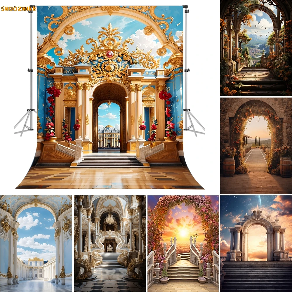 

Arch Door Castle Escalator Background Art Portrait Pregnant Woman Wedding Shower Photo Backdrop Studio Photography Props