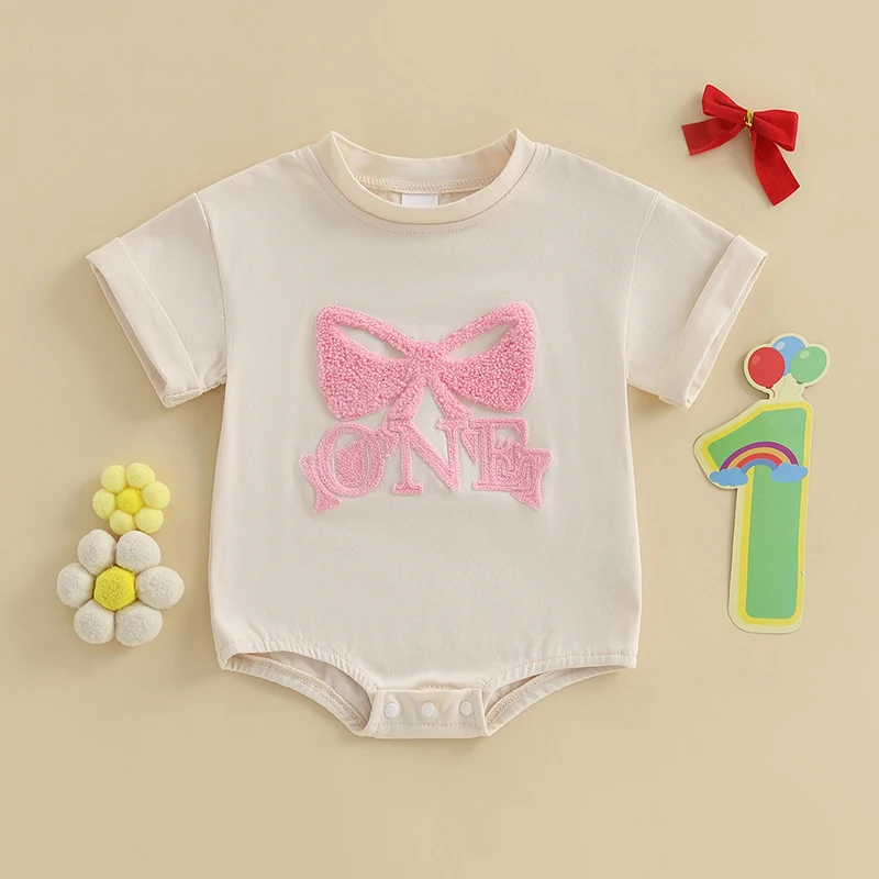 

Suefunskry Baby Girls Summer Sweet Romper Infant Short Sleeve Round Neck Bow Embroidery Romper