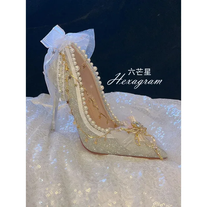 

DY20Elegant Retro Lolita Court Style Lolita Flower Wedding Gorgeous Satin Bow Pearl Gem Ribbon Bowknot 7.5-10.5cm High Heels Sho