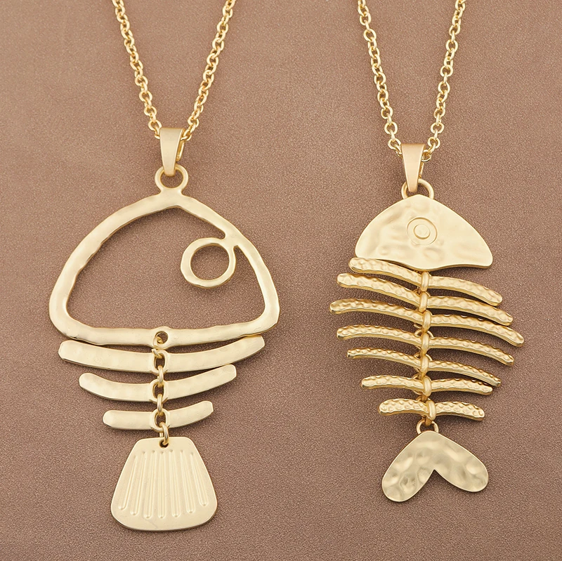 

1 x Matte Gold Hot Sale Large Fishbone Skeleton Pendant Long Gold Chain Necklace Jewelry Fashion Accesories For Daily Wear