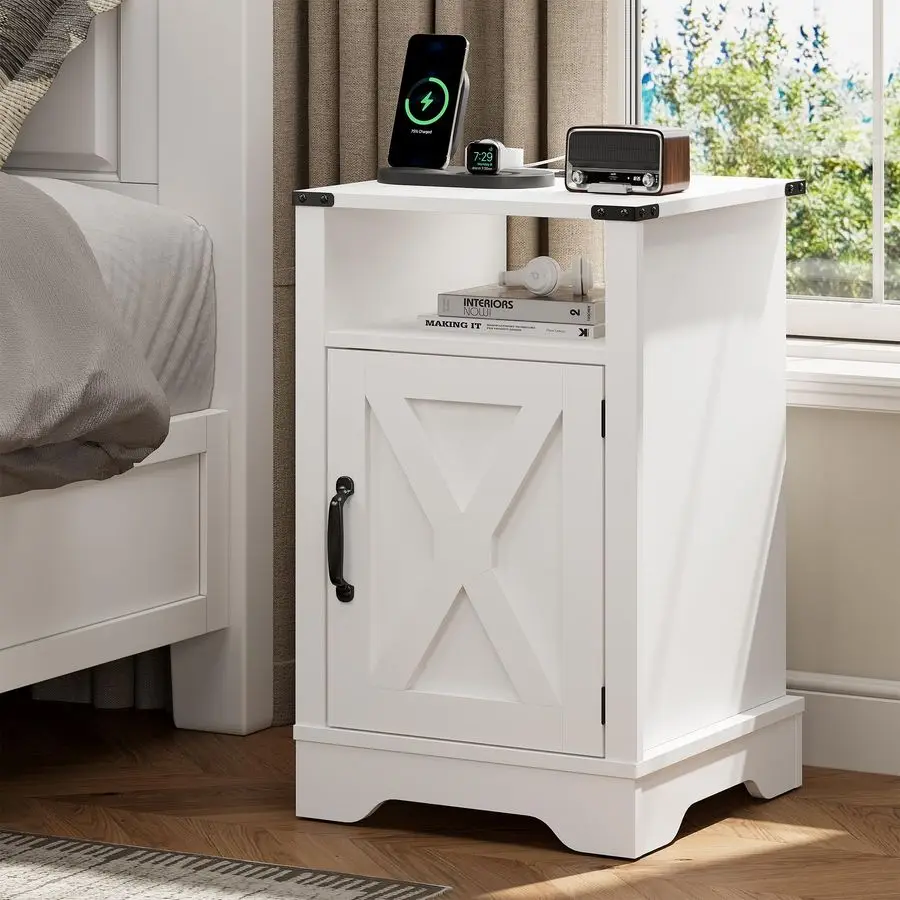 

End Table with Charging Station Wooden Rustic Nightstands with Storage Cabinet and Shelf for Bedroom, Living Room, Living Room,