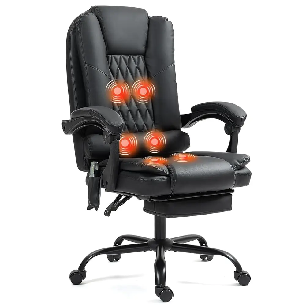 

6-Point Heated Massage Office Chair With Footrest, Ergonomic Home Desk Chair With Lumbar Support, Executive High Ba Pu Leather