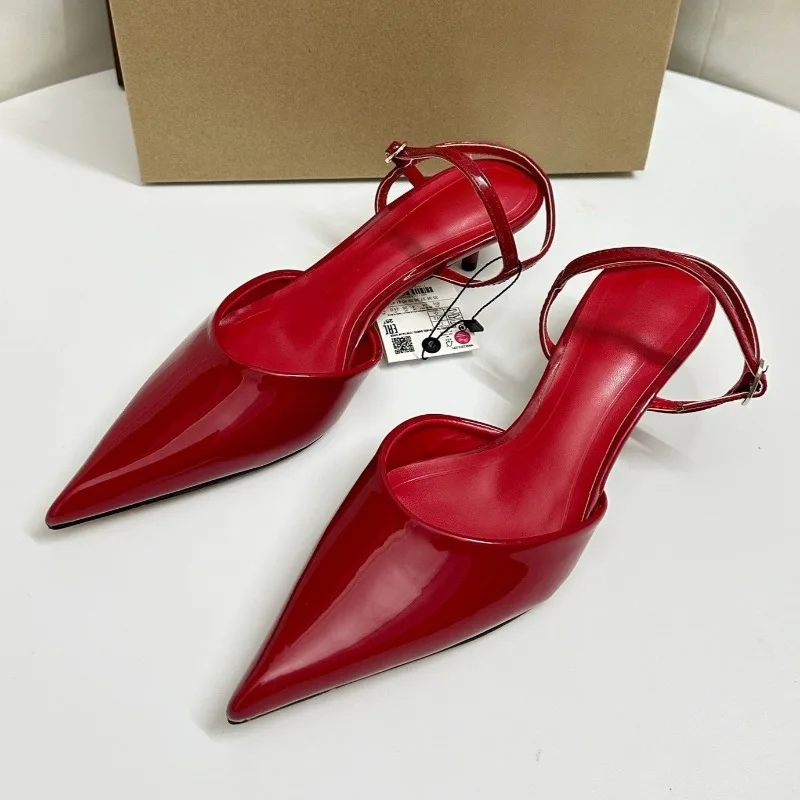 

Brand Patent Leather Red Women Pumps Sexy Pointed Toe Slingback Shallow Party Dress Wedding Bridal Mid Heels Shoes for Ladies