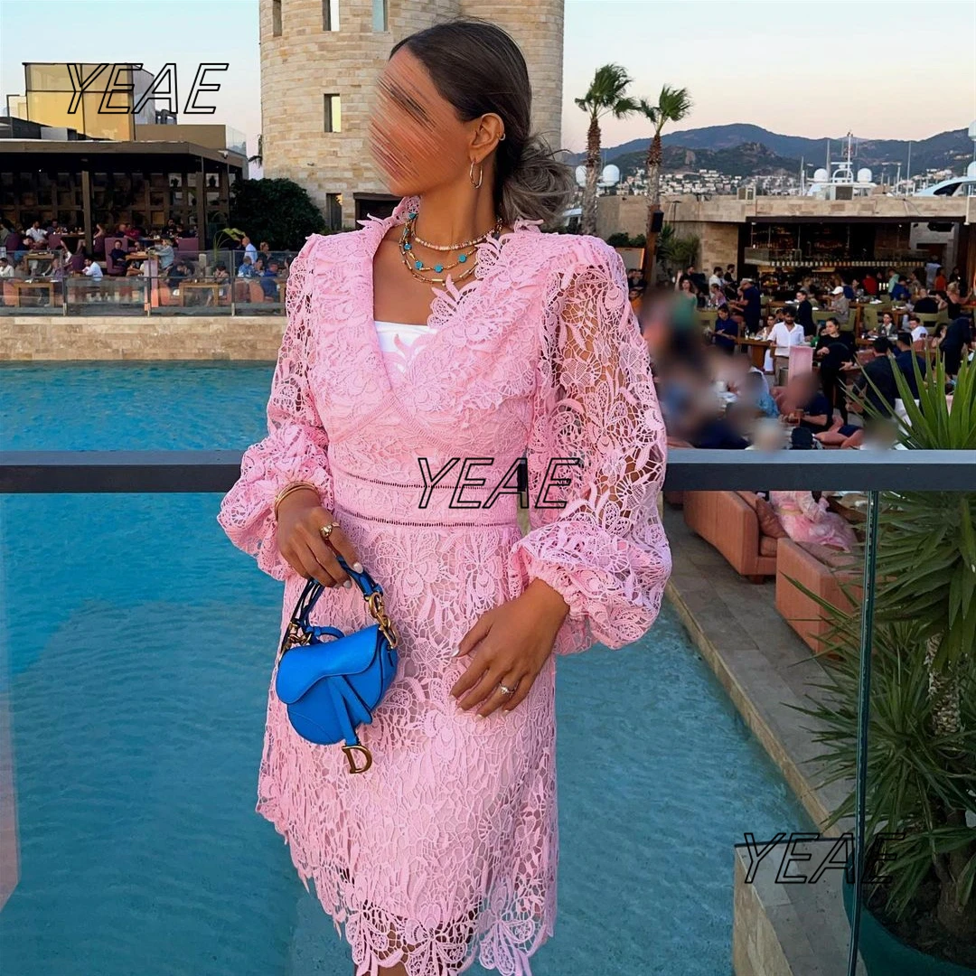 Santorini Pink Lace Short Prom Dresses Long Sleeves V Neck Cocktail Party Mini Night Club Gowns Zipper Back Homecoming Dress