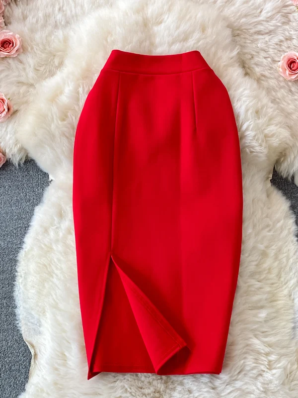 High Waist Casual Women's Skirt Elastic A-Line Midi Dress Side Slit One Step Office Lady Business Skirt Autumn Season