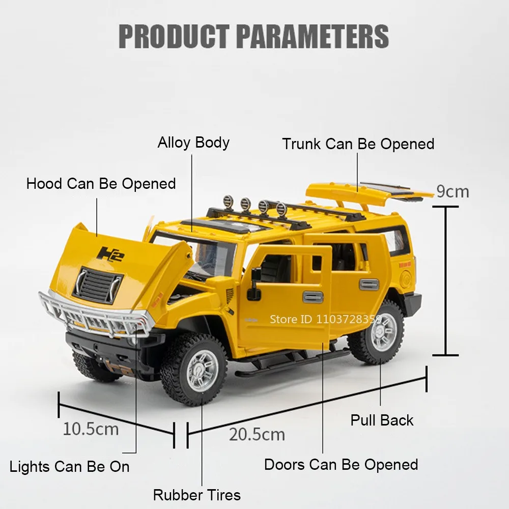 1:24 H2 Geländewagen Modell Miniatur Spielzeug Legierung Druckguss Sound Licht Türen geöffnet zurückziehen Stoßdämpfung für Kinder Geschenke