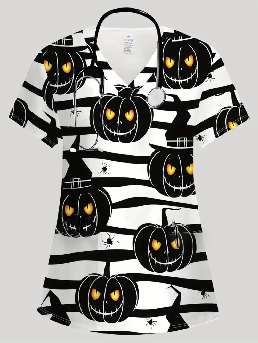 

Halloween Medical Uniform Woman Pumpkin Ghost 3D Print Summer Casual V-Neck with Pockets Nurse Fashion Short Sleeve Scrubs Woman