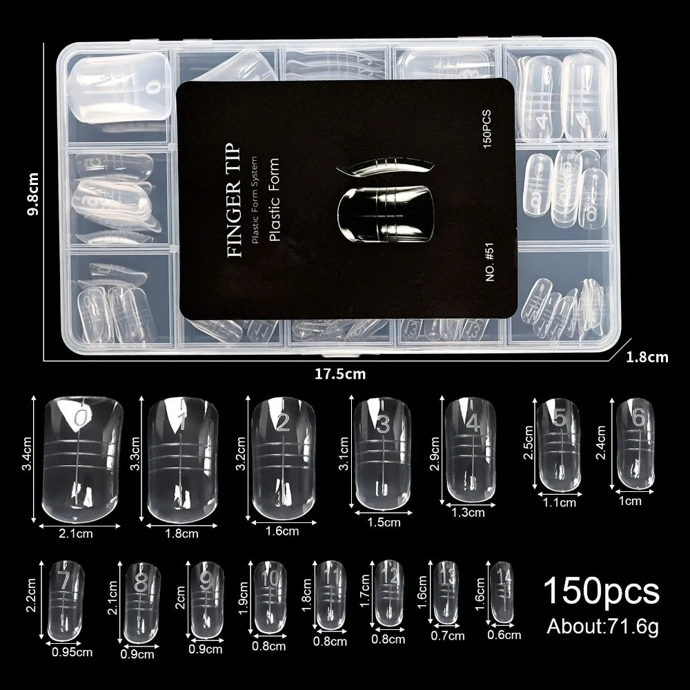 70/140/150Pcs 70/140/150Pcs Gel Dual Nail Forms Reusable Transparent Nail Molds Poly Extension 14 Size Top Nail Forms