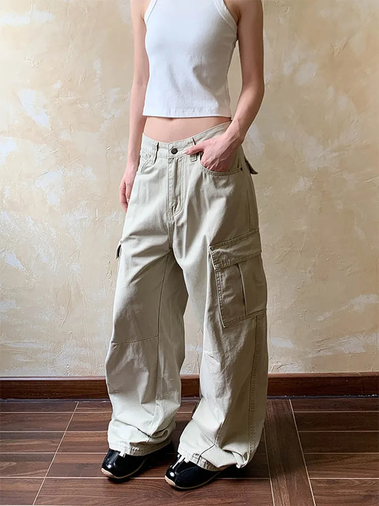 American Retro Pleated Deconstructed Multi-Pocket Work Pants Loose Casual Wide Leg Trousers for Men And Women High Street Style