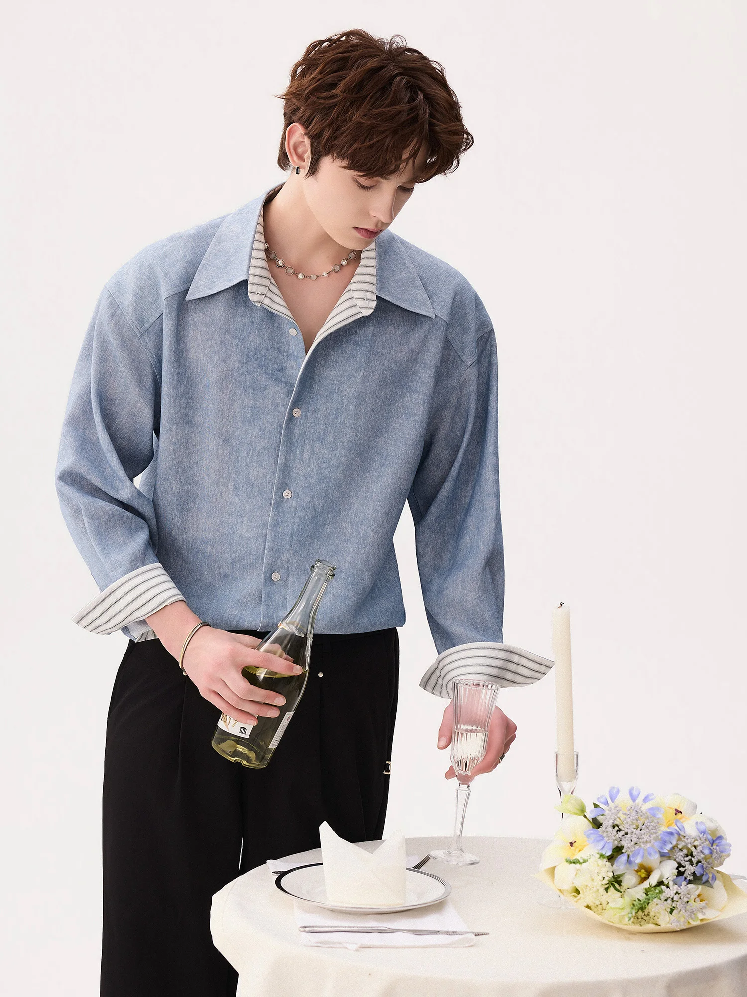 

CHICERRO Men's Long Sleeve Shirt Mixed Fabric Dyed Print Anti-Wrinkle Loose Fit CleanFit Style Button Closure Casual Shirt