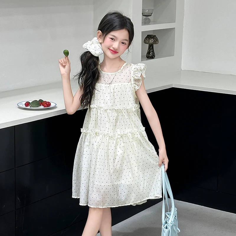 Short sleeved manor party children's princess dress 2025 new fashionable girl's polka dot trumpet sleeve dress cute baby skirt