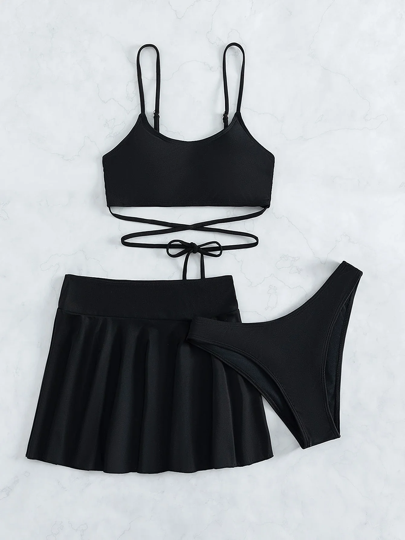 

Black Three Piece Swimsuit Set With Crisscross Top And Flared Skirt For Summer Beach Wear