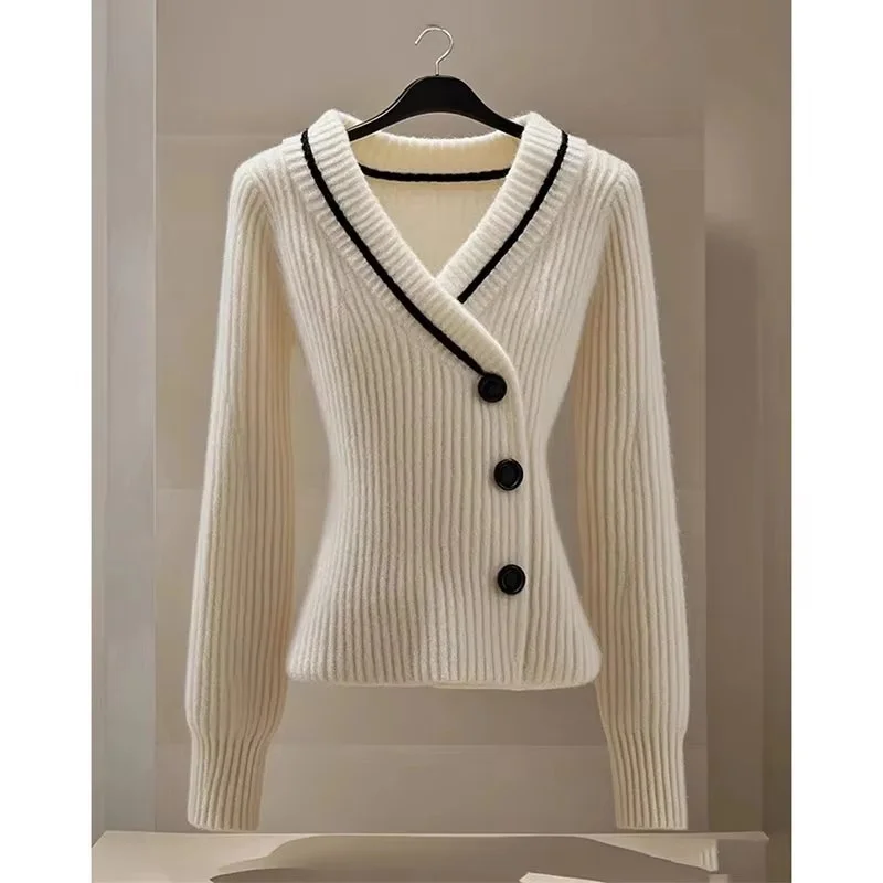 2025 New Apricot V-Neck Waist Knitted Cardigan Jacket  Women Spring Autumn Versatile Fashion Slim Sweater Coat Female Top