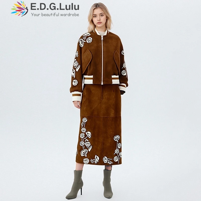 EDGLuLu 2025 Autumn Winter New Baseball Jacket+High Waisted Long Skirt Embroidered Floral Suit Outfits Two Piece 1017