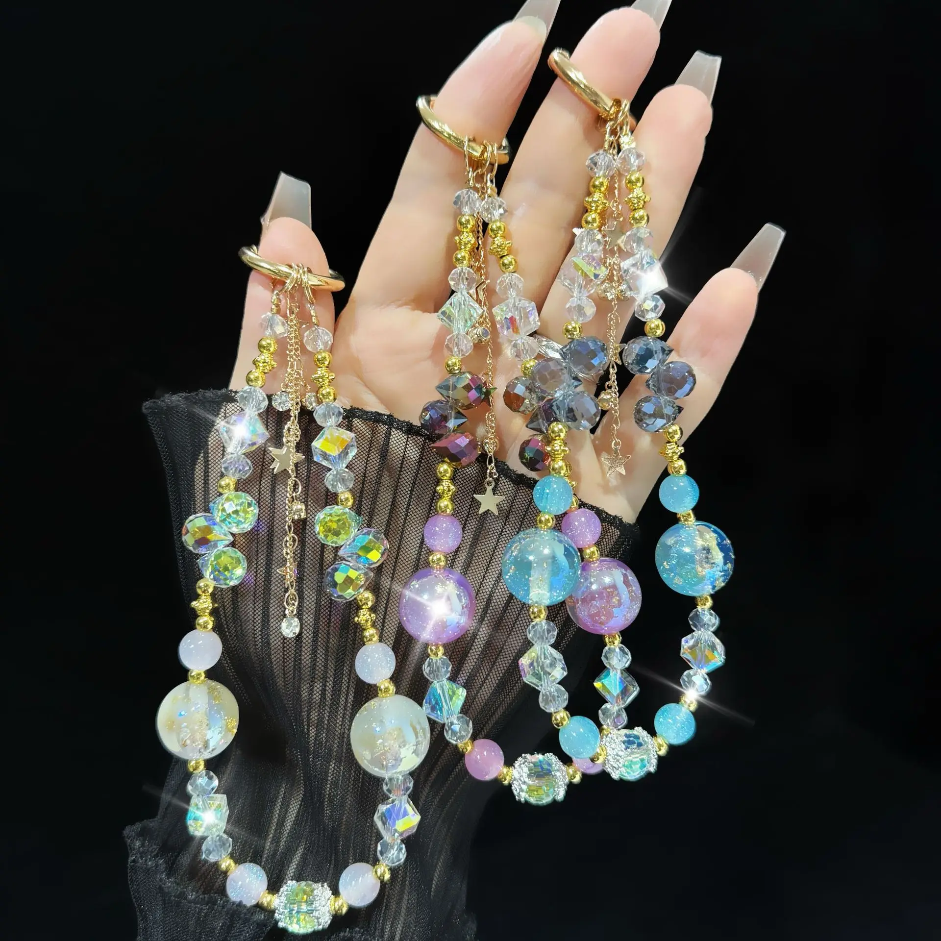 

Легкий роскошный кристалл для цепочки для мобильного телефона, короткая цепочка на запястье с бисером, модная подвеска-бабочка, ремешок ручной работы с сусальным золотом