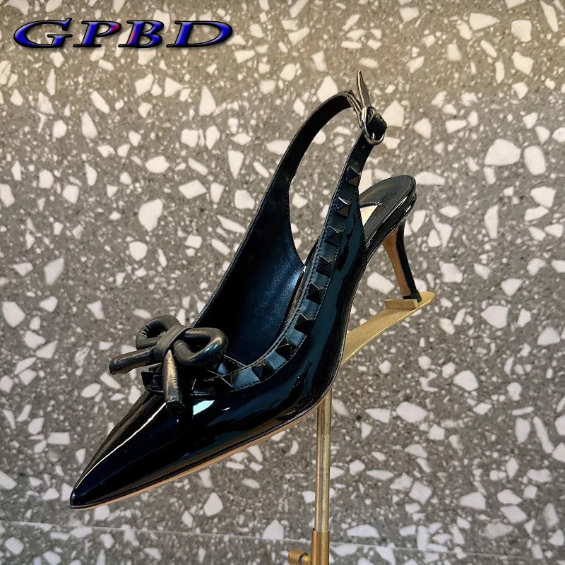 GPBD Designer Handmade ROCKSTUD Women Sandals Best Quality Patent leather High Heels Casual Fashion bowknot Female Shoes