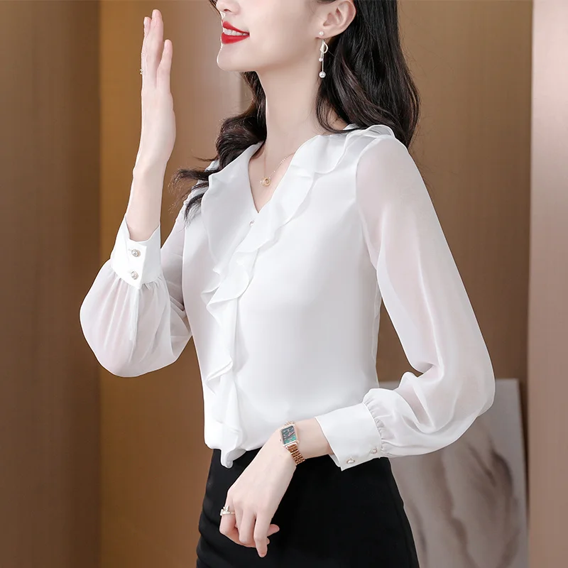 #2535 Summer Black White Office Chiffon Blouse Women Regular Fit Thin Elegant V-neck Ruffles Womens Tops And Blouses Long Sleeve