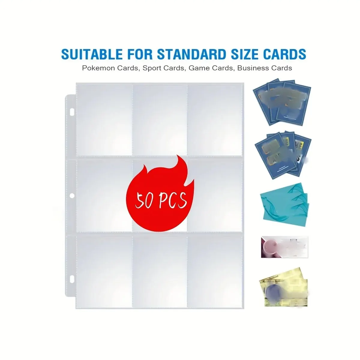 50 PCs 9 Pocket Page Protector for Standard Size Trading, Baseball, Sport, Game, and Business Cards - Trading Card Sleeves Pages