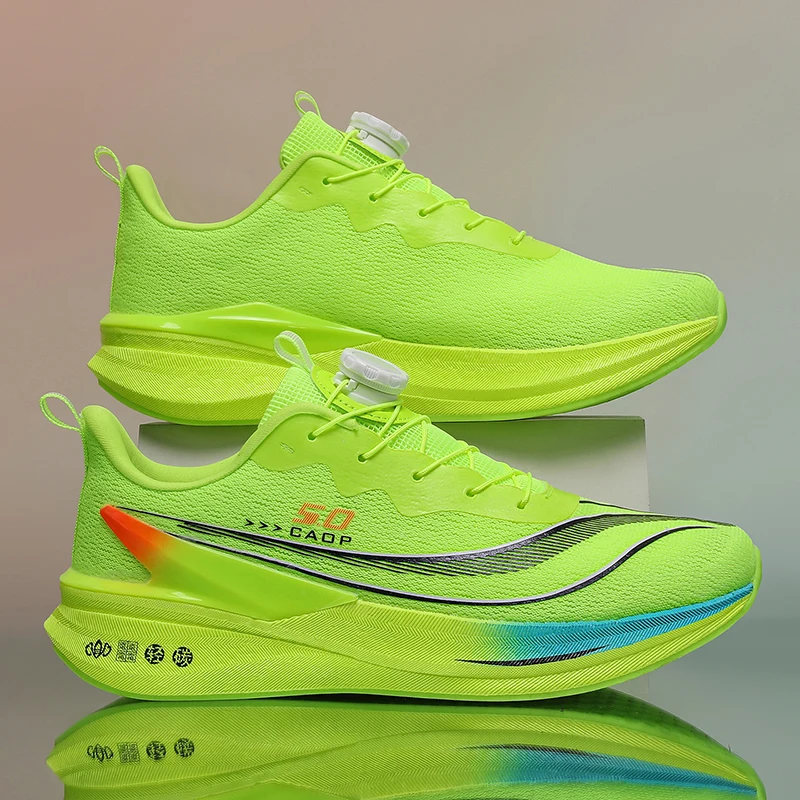 Men Carbon Plate Running Shoes Rotating Buckle Lightweight Breathable Sneakers Shock Absorption Athletic Training Sports Shoes