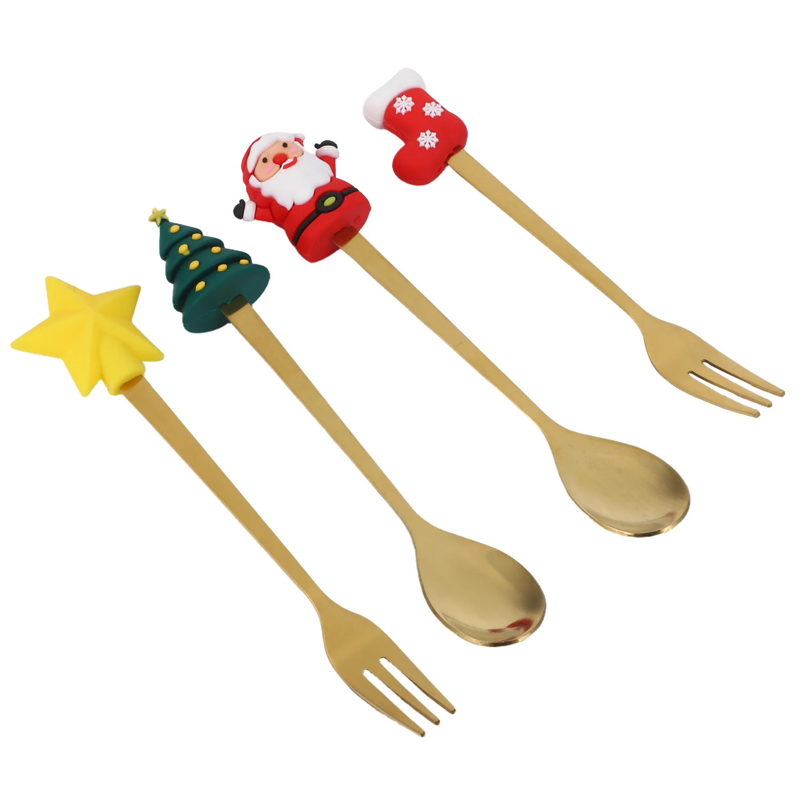 

1 Set Of Christmas Cutlery Kit Stainless Steel Coffee Spoons Dessert Fork Ice Cream Long Handle Mixing Portable Cake Household