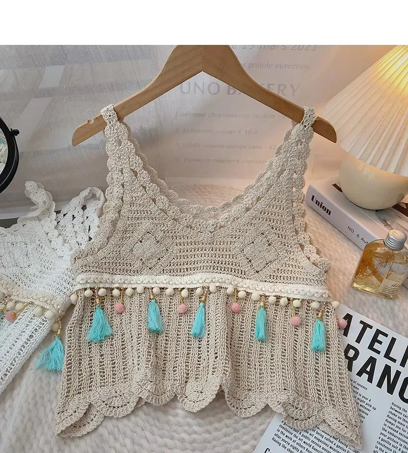 Fringed Crochet Tank Top for Women Sleeveless V Neck Crop Top with Tassel Spring Summer 2026 Boho Vacation Outfit