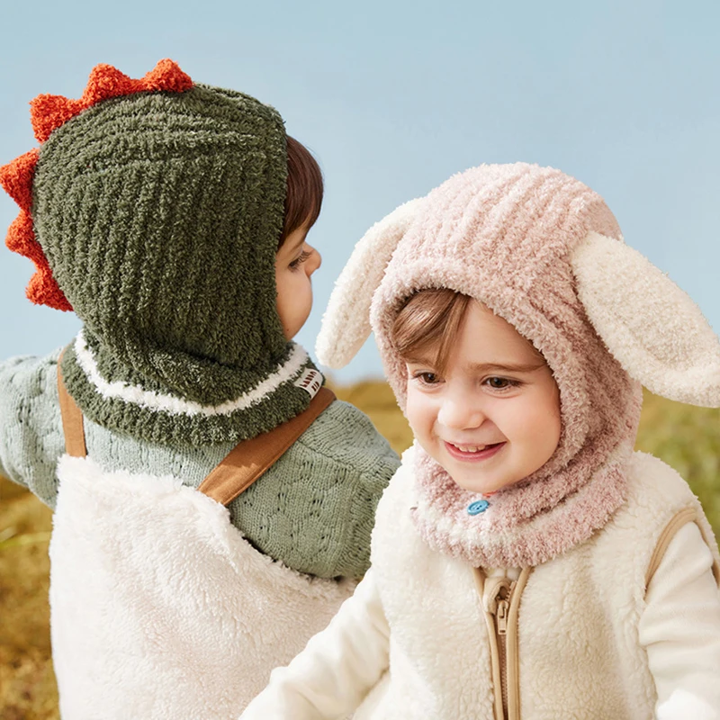 

Winter Kids Scarf One Piece Cap Double Pompom Balaclava Headgear Plush Ball Hooded Beanie Warm Baby Ear Protection Hat 2-10Year