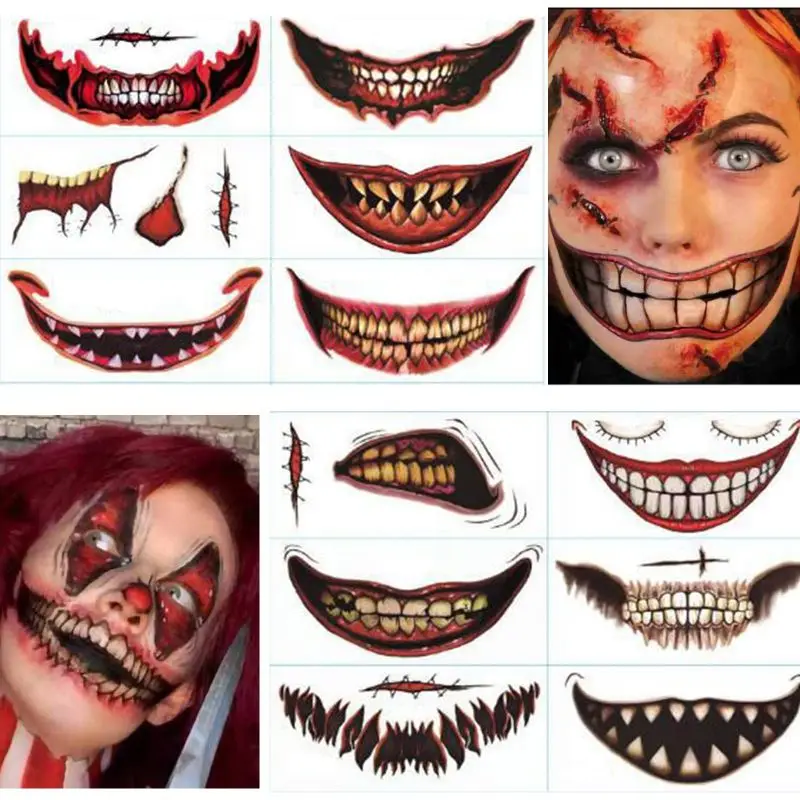 12Pcs ฮาโลวีน Clown สยองขวัญปากสติกเกอร์รอยสักชั่วคราวรอยสัก DIY ปลอม Tattoo คอสเพลย์ปาร์ตี้ตกแต่ง