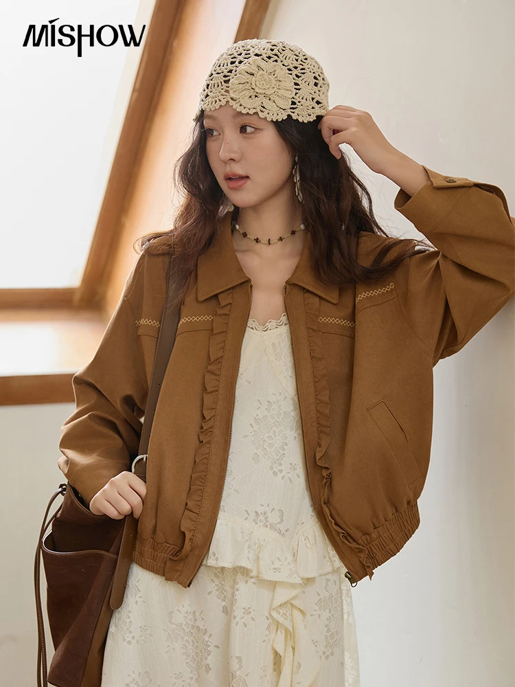 

MISHOW Brown Suede Short Coat with Fungus Edge Pleating Autumn 2025 Lapel Zipper Casual Jackets Hem Elasticity Coats MXE43W0803