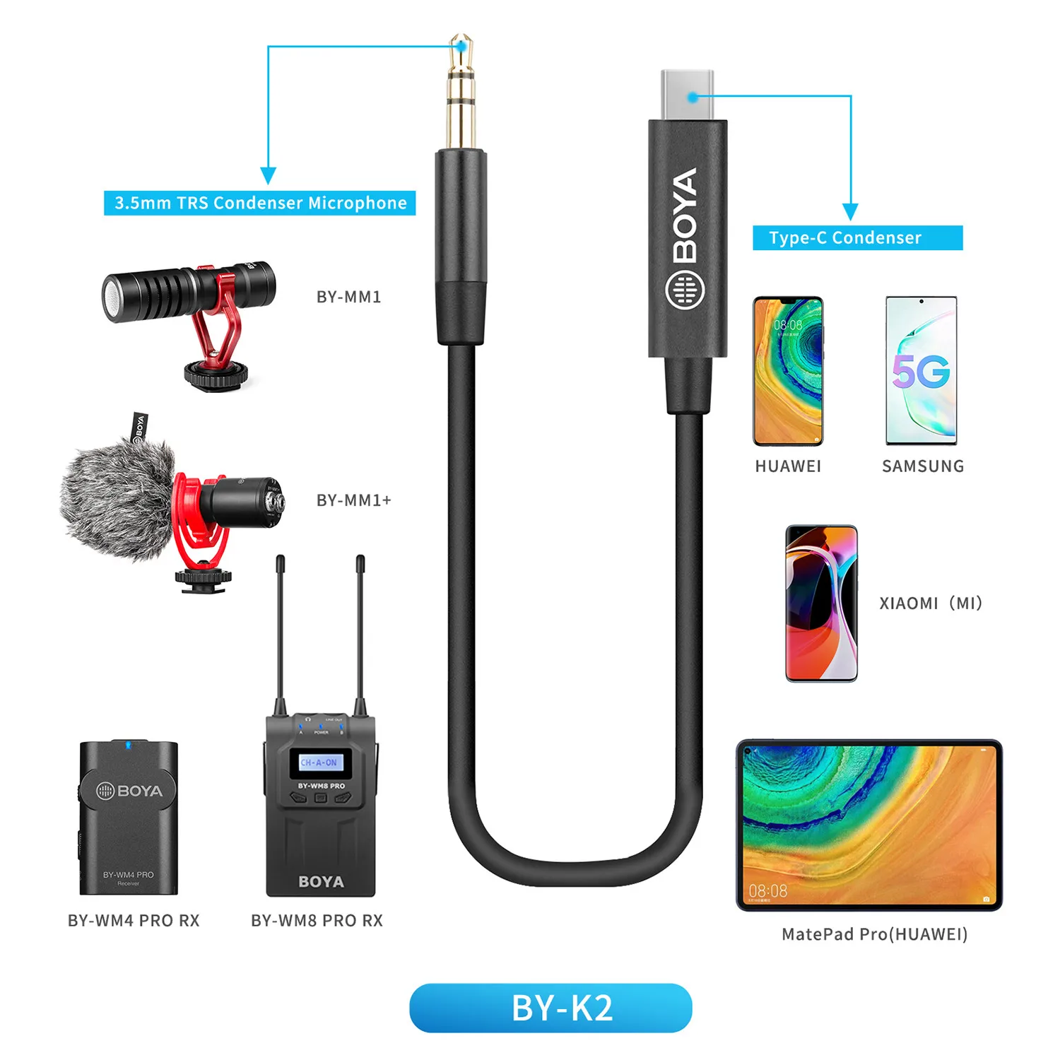 BOYA BY-K2 jack 3.5mm (TRS), (męski) do rodzaj USB-C (mężczyzna) Adapter Audio do telefonów USB-C urządzenia konwerter