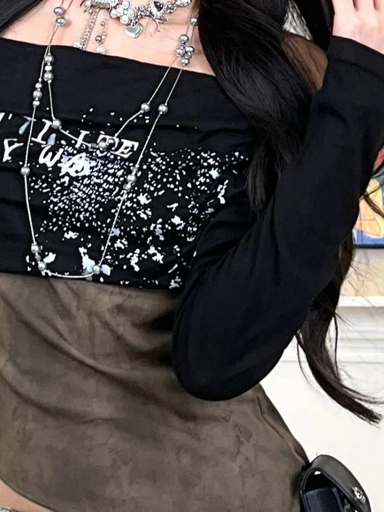 

Y2K Vintage Patchwork Tee Women's Irregular Print Slash Neck Grunge Top